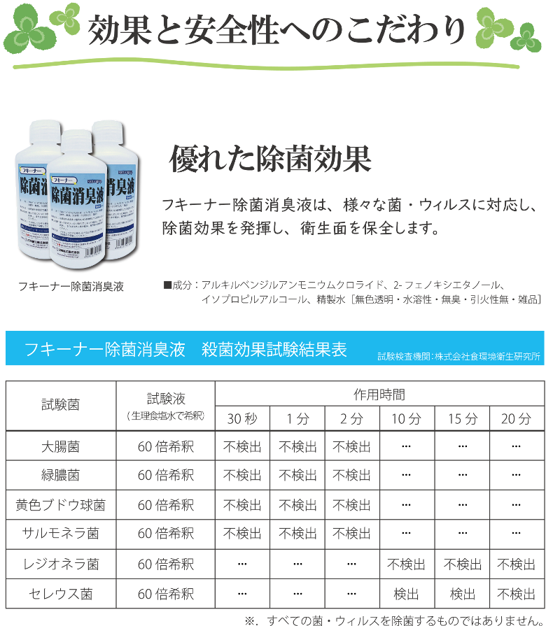 優れた除菌交換（フキーナー除菌消臭液は、様々な菌・ウィルスに対応し、常に衛生的なウェットタオルを供給することができます）